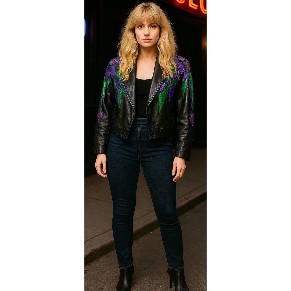 Vtg 80's Erez Flaming Irises Leather Jacket M Moto Snakeskin Trim Colorful Art - Picture 2 of 16